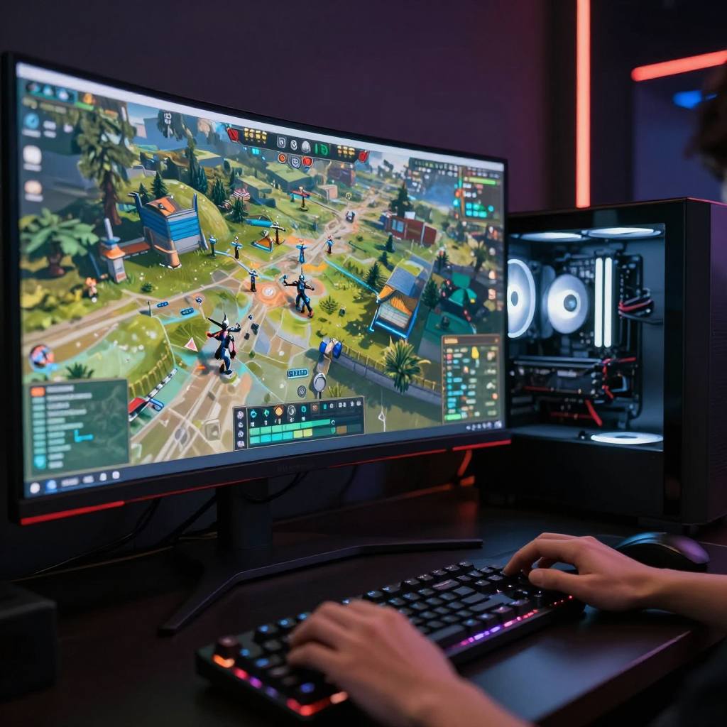 High-end station with a large RGB-lit monitor running gameplay in the Blast row at FURNACE