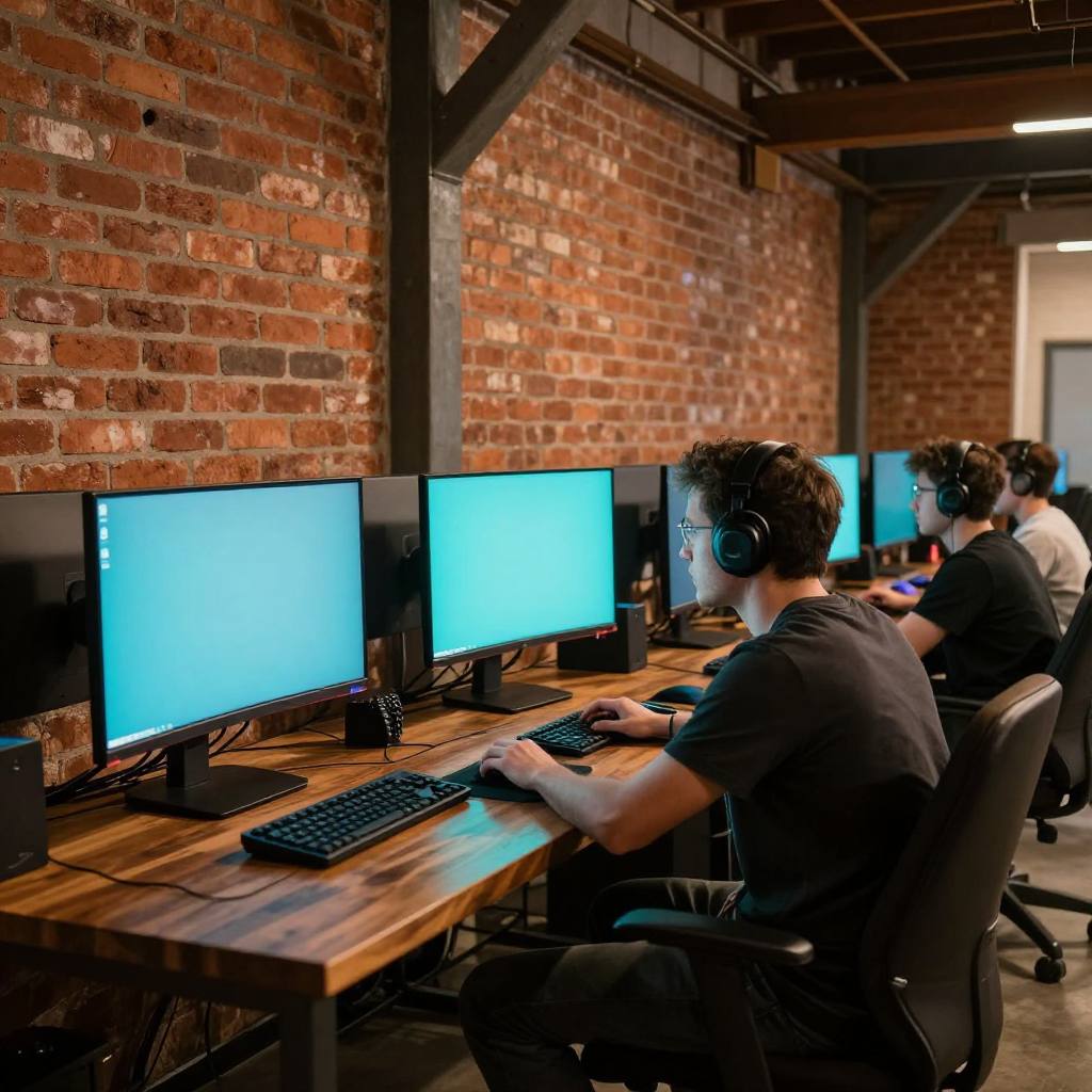 Single station against an exposed brick wall lit by a teal monitor at FURNACE