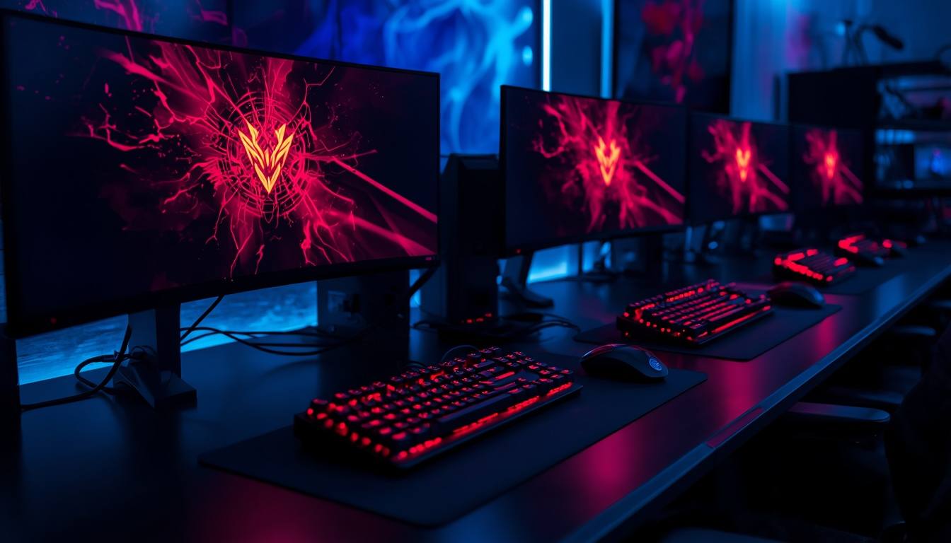 Rows of black gaming desks with dual curved monitors washed in deep red light at FURNACE